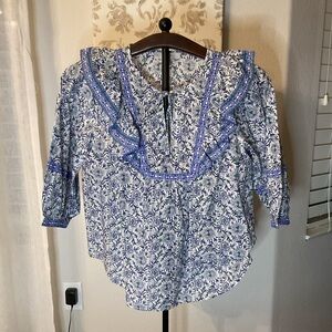 LOFT Blue Floral Ruffle Blouse